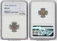 Maximilian 5 Centavos 1865-Z MS64+ NGC, Zacatecas mint, KM385.3. Shy of a Gem designation with such sharp and lustrous surfaces, graced by an appealin...