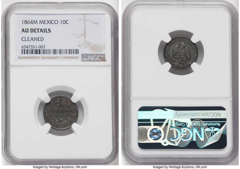 Maximilian 10 Centavos 1864-M AU Details (Cleaned) NGC, Mexico City mint, KM386....