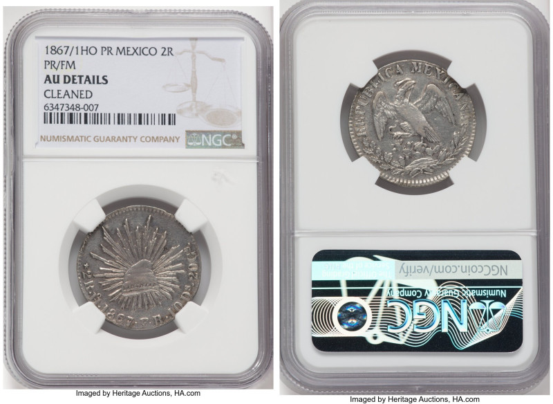 Republic 2 Reales 1867/1 Ho-PR/FM AU Details (Cleaned) NGC, Hermosillo mint, KM3...