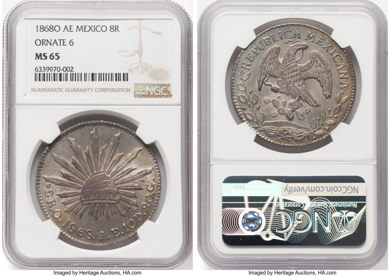 Republic 8 Reales 1868 O-AE MS65 NGC, Oaxaca mint, KM377.11, DP-Oa16. Ornate 6 v...