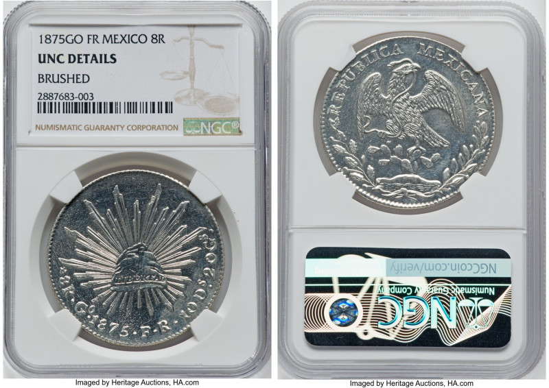 Republic 8 Reales 1875 Go-FR UNC Details (Brushed) NGC, Guanajuato mint, KM377.8...