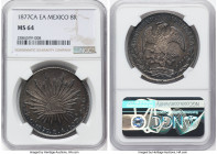 Republic 8 Reales 1877 Ca-EA MS64 NGC, Chihuahua mint, KM377.2, DP-Ca55. Absolutely eye-catching, radiating with bloom and wearing a patina of stormy ...