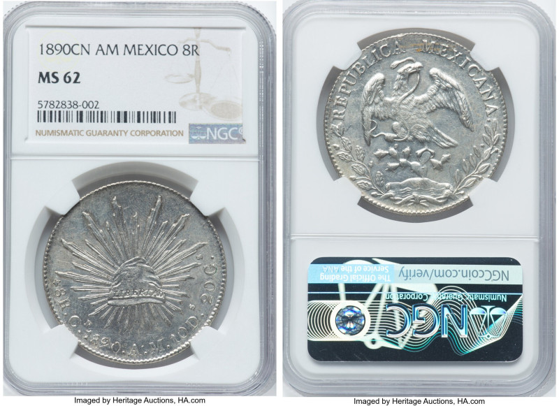 Republic 8 Reales 1890 Cn-AM MS62 NGC, Culiacan mint, KM377.3, DP-Cn52. A pleasi...