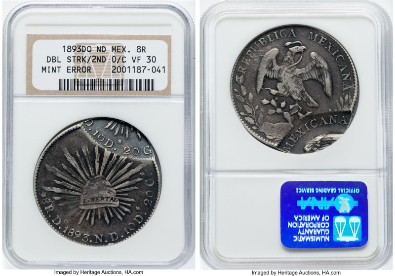 Republic Mint Error - Double-Struck Off-Center 8 Reales 1893 Do-ND VF30 NGC, Dur...