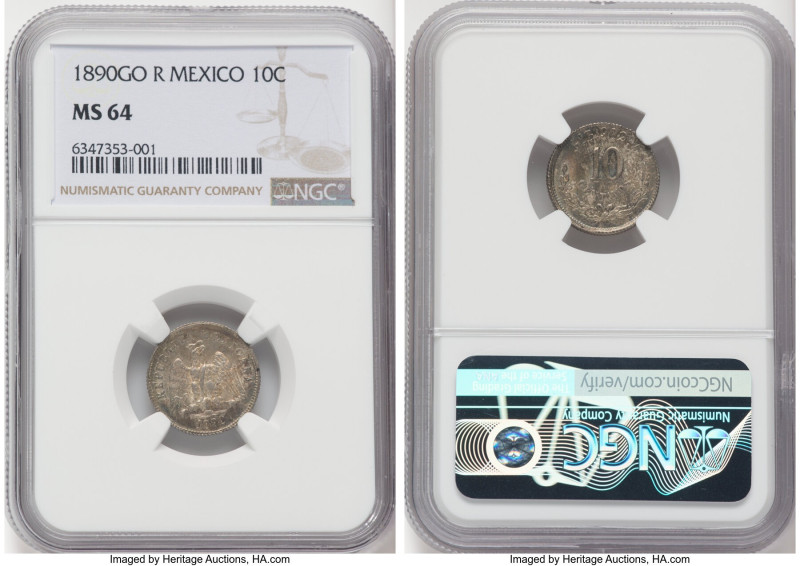 Republic 10 Centavos 1890 Go-R MS64 NGC, Guanajuato mint, KM403.5. Nearing the p...