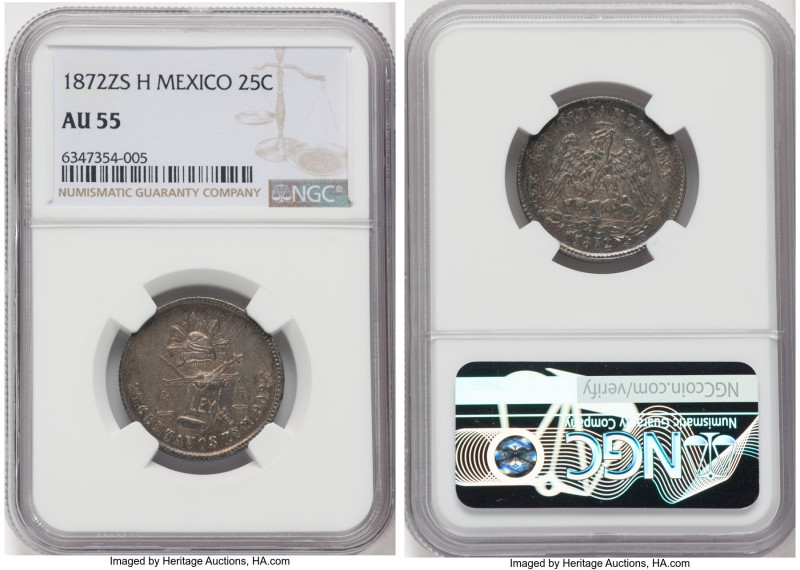 Republic 25 Centavos 1872 Zs-H AU55 NGC, Zacatecas mint, KM406.9. The third-fine...