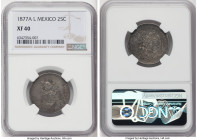 Republic 25 Centavos 1877 A-L XF40 NGC, Alamos mint, KM406. Mintage: 11,000. Quite rare, tied for the finest at NGC. Exhibiting slate toning and gentl...