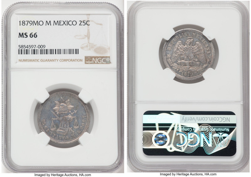 Republic 25 Centavos 1879 Mo-M MS66 NGC, Mexico City mint, KM406.7. The finest a...