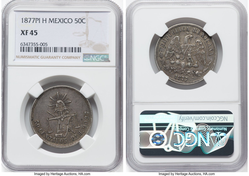 Republic 50 Centavos 1877 Pi-H XF45 NGC, Potosi mint, KM407.7. Very respectable ...