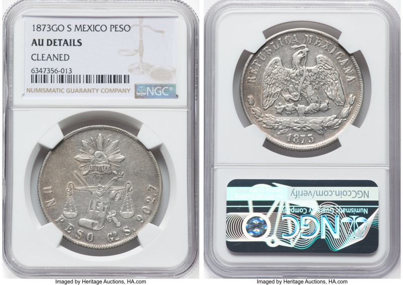 Republic Peso 1873 Go-S AU Details (Cleaned) NGC, Guanajuato mint, KM408.4. Slig...