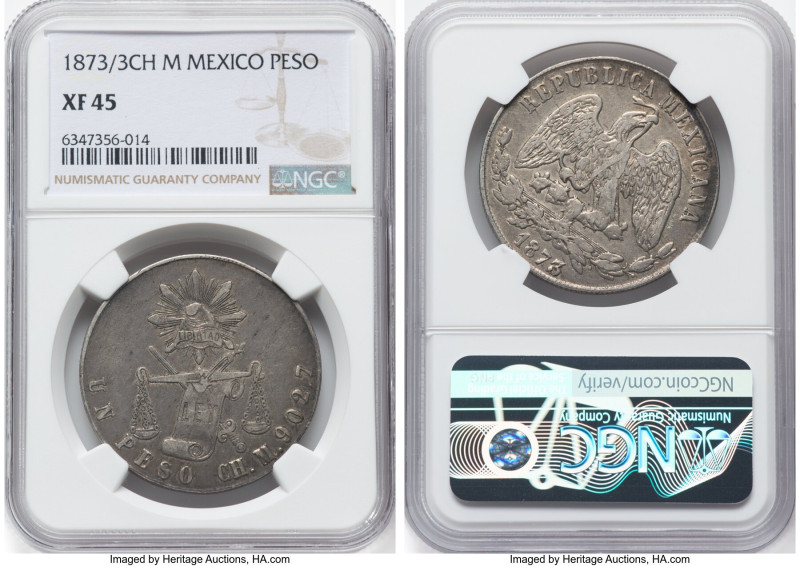 Republic Peso 1873/3 Ch-M XF45 NGC, Chihuahua mint, KM408. A lesser encountered ...