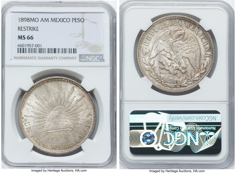 Republic Restrike Peso 1898 Mo-AM MS66 NGC, Mexico City mint, KM409.2. Restrike ...