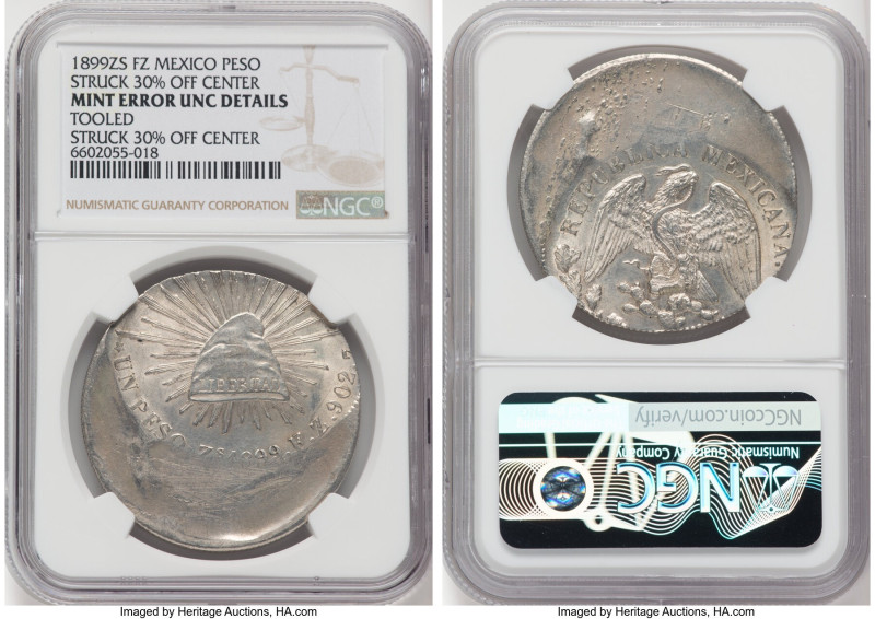 Republic Mint Error - Struck 30% Off Center Peso 1899 Zs-FZ UNC Details (Tooled)...