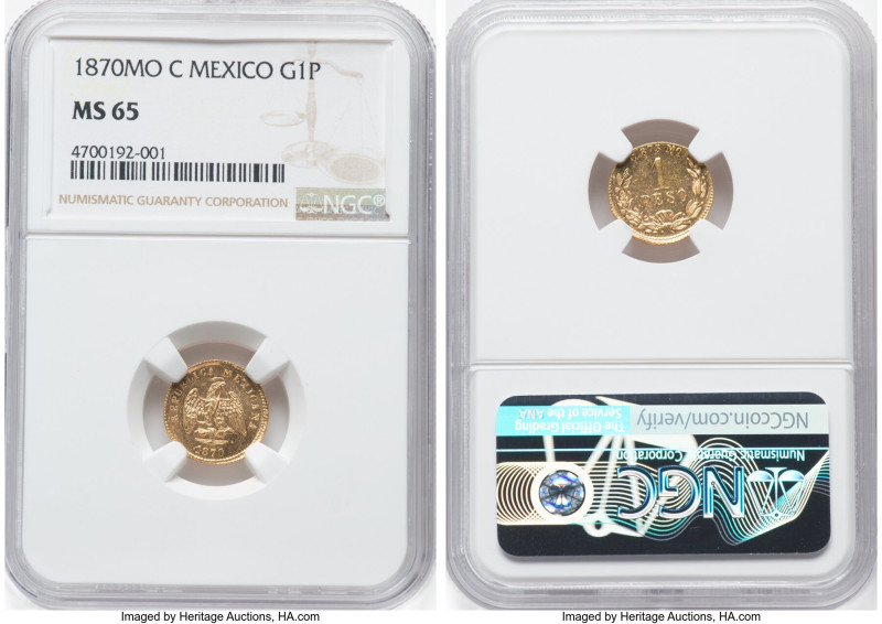 Republic gold Peso 1870 Mo-C MS65 NGC, Mexico City mint, KM410.5. Mintage: 2,540...