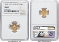 Republic gold Peso 1873/1 Mo-M MS65 NGC, Mexico City mint, KM410.5. Mintage: 2,900. NGC's laudably chiseled top pop. HID09801242017 © 2022 Heritage Au...