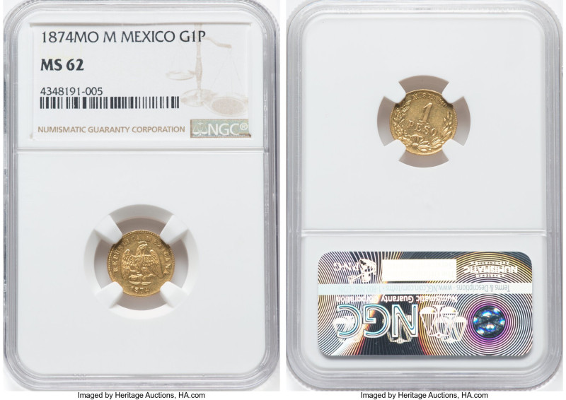 Republic gold Peso 1874 Mo-M MS62 NGC, Mexico City mint, KM410.5. HID09801242017...