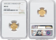 Republic gold Peso 1875/3 Zs-A MS62 NGC, Zacatecas mint, KM410.6, Fr-164. NGC's finest, a piece with a flamboyant, flashy character that was struck sl...