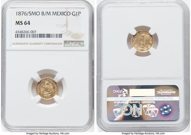 Republic gold Peso 1876/5 Mo-B/M MS64 NGC, Mexico City mint, KM410.5. NGC's fine...
