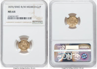 Republic gold Peso 1876/5 Mo-B/M MS64 NGC, Mexico City mint, KM410.5. NGC's finest, dressed in pastel gold hinted by a single spot toned in a maple hu...