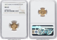 Republic gold Peso 1877/6 Mo-M MS65 NGC, Mexico City mint, KM410.5. NGC's top pop. Die polish still visible in the fields, accompanied by an intermitt...