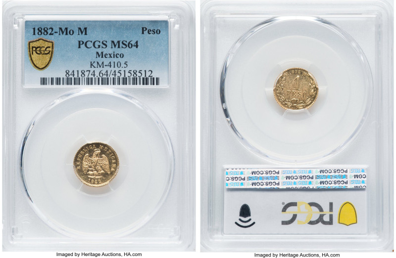 Republic gold Peso 1882/72 Mo-M MS64 PCGS, Mexico City mint, KM410.5. A thrillin...