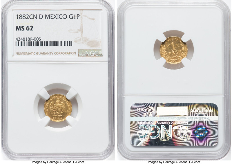 Republic gold Peso 1882 Cn-D MS62 NGC, Culiacan mint, KM410.2, Fr-160. Mintage: ...