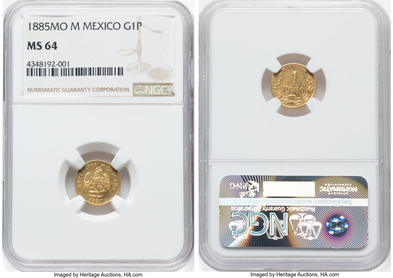 Republic gold Peso 1885 Mo-M MS64 NGC, Mexico City mint, KM410.5. NGC's top pop ...