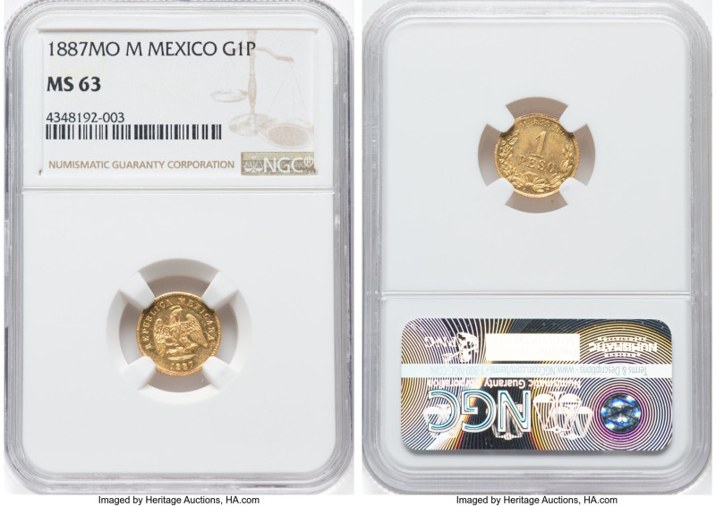Republic gold Peso 1887 Mo-M MS63 NGC, Mexico City mint, KM410.5. Mintage: 2,200...