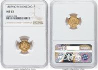 Republic gold Peso 1887 Mo-M MS63 NGC, Mexico City mint, KM410.5. Mintage: 2,200. Tied for the second-finest at NGC, displaying impressive pondlike ap...