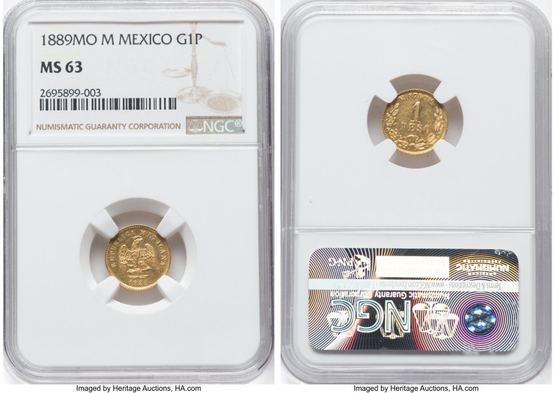 Republic gold Peso 1889 Mo-M MS63 NGC, Mexico City mint, KM410.5, Fr-157. Mintag...