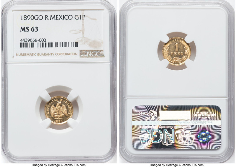 Republic gold Peso 1890 Go-R MS63 NGC, Guanajuato mint, KM410.3, Fr-161. Mintage...