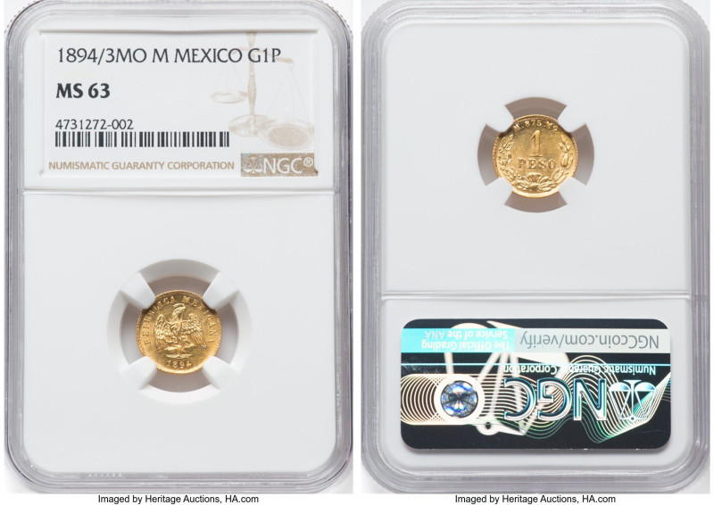 Republic gold Peso 1894/3 M-Mo MS63 NGC, Mexico City mint, KM410.5, Fr-157. Tone...