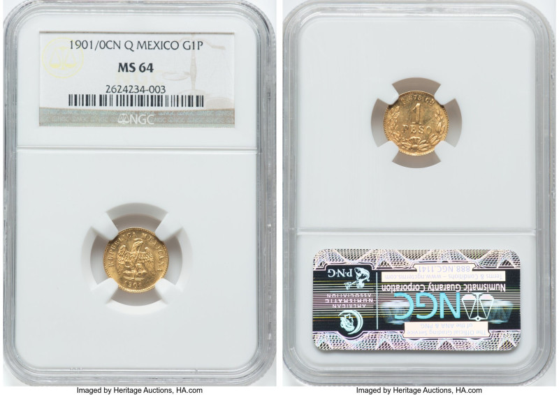 Republic gold Peso 1901/0 Cn-Q MS64 NGC, Culiacan mint, KM410.2. Mintage of 2,35...