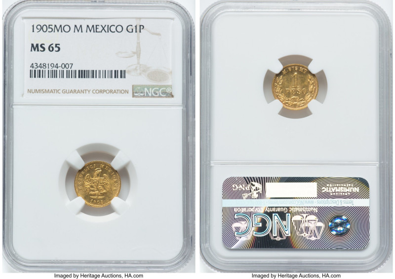 Republic gold Peso 1905 Mo-M MS65 NGC, Mexico City mint, KM410.5. Mintage: 3,429...