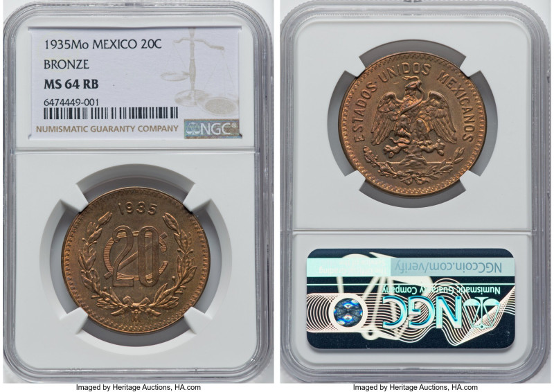 Estados Unidos bronze 20 Centavos 1935-Mo MS64 Red and Brown NGC, Mexico City mi...