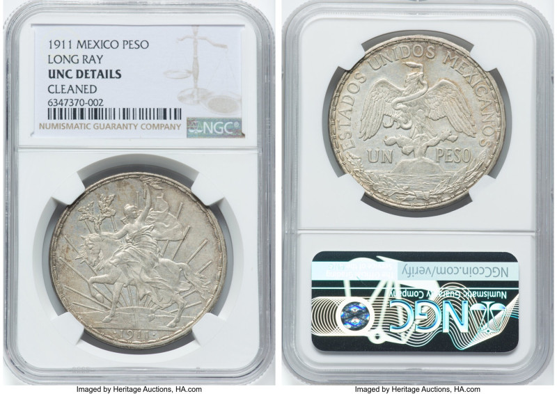 Estados Unidos "Caballito" Peso 1911 UNC Details (Cleaned) NGC, Mexico City mint...