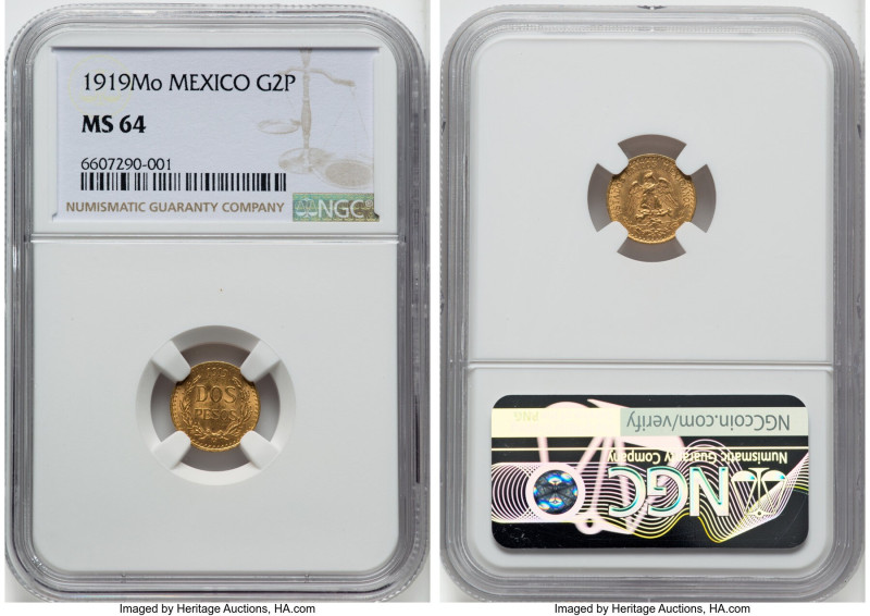 Estados Unidos gold 2 Pesos 1919-Mo MS64 NGC, Mexico City mint, KM461. A short l...