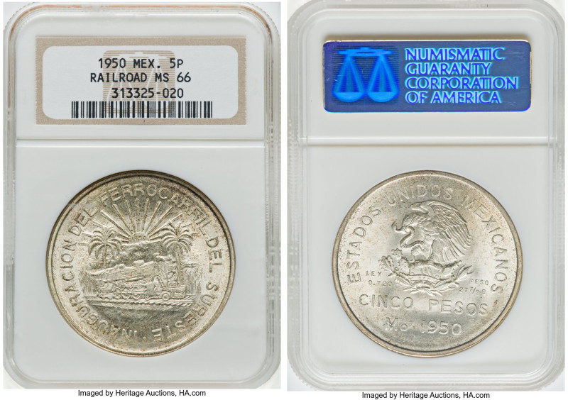 Estados Unidos "Railroad" 5 Pesos 1950-Mo MS66 NGC, Mexico City mint, KM466. An ...