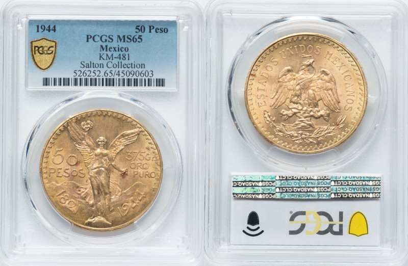 Estados Unidos gold 50 Pesos 1944 MS65 PCGS, Mexico City mint, KM481. Centennial...