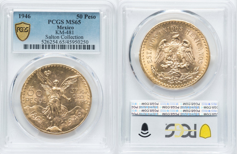 Estados Unidos gold 50 Pesos 1946 MS65 PCGS, Mexico City mint, KM481. Centennial...