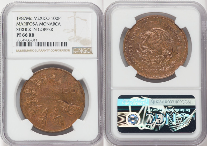 Estados Unidos copper Proof "Monarch Butterfly" 100 Pesos 1987-Mo PR66 Red and B...