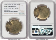 Estados Unidos Mint Error - Struck Off Center 1000 Pesos ND (1988-1992)-Mo MS66 NGC, Mexico City mint, KM536. Struck 65% to 80% off center, with the m...