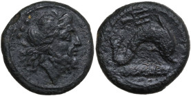 Northern Apulia, Luceria, c. 211-200 BC. Æ Teruncius (21mm, 9.96g). Laureate head of Neptune r. R/ Dolphin r.; above, trident head r. HNItaly 680; SNG...