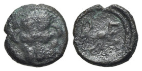 Bruttium, Rhegion, c. 450-425 BC. Æ Onkia (12mm, 1.46g, 3h). Lion mask facing. R/ R E; sprig of olive leaves between. HNItaly 2517; SNG ANS 679. Good ...