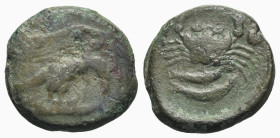 Sicily, Akragas, c. 416-406 BC. Æ Hexas (20mm, 7.64g, 12h). Eagle standing r. on bird. R/ Crab; two pellets flanking; below, two fish r. CNS I, 64; HG...