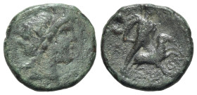 Sicily, Gela, 2nd-1st century BC. Æ Tetras or Trionkion (19mm, 5.01g, 12h). Head of the river-god Gelas r. R/ Warrior sacrificing a ram; H to l. CNS I...