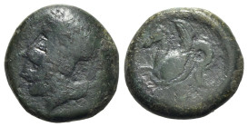 Sicily, Syracuse, 400-390 BC. Æ Hemilitron (20mm, 8.09g, 3h). Head of Athena l., wearing Corinthian helmet decorated with wreath. R/ Hippocamp l. CNS ...