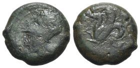 Sicily, Syracuse, 400-390 BC. Æ Hemilitron (20mm, 9.52g, 11h). Head of Athena l., wearing Corinthian helmet decorated with wreath. R/ Hippocamp l. CNS...
