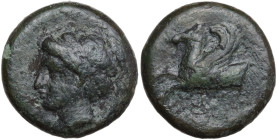 Sicily, Syracuse, 344-334 BC. Æ Hemilitron (16mm, 4.79g). Head of Persephone l., wearing necklace and triple-pendent earring. R/ Forepart of Pegasos l...