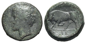 Sicily, Syracuse. Hieron II (275-215 BC). Æ (20mm, 6.04g, 1h), c. 275-269 BC. Wreathed head of Kore l. R/ Bull butting l.; club and A above; IE below....